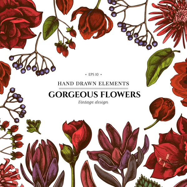 Diseño floral con viburno de colores, hypericum, tulipán, astro, leucadendro, amarilis — Vector de stock