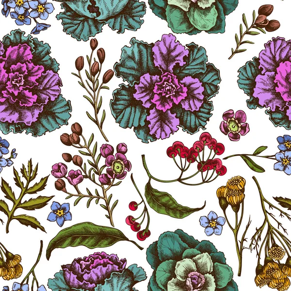 Безшовний візерунок з намальованою вручну квіточкою з кольоровим воском, не забудьте про квітку, пиху, палюзію, бразилію, декоративну капусту — стоковий вектор