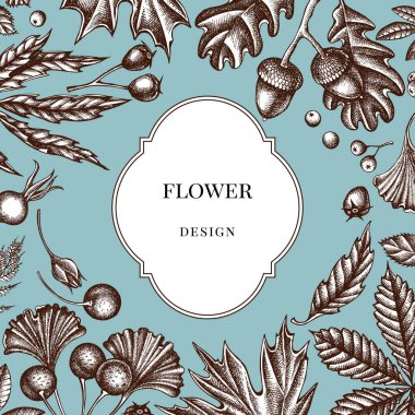 Tasarım üzerinde eğreltiotu, köpek gülü, rowan, ginkgo, akçaağaç, meşe, at kestanesi, kestane, diken