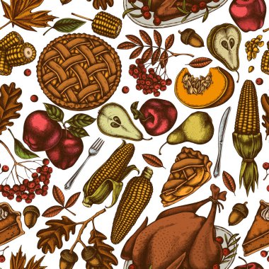 El çizimi balkabağı, çatal, bıçak, armut, hindi, balkabağı turtası, elmalı turta, mısır, elma, rowan, akçaağaç, meşe