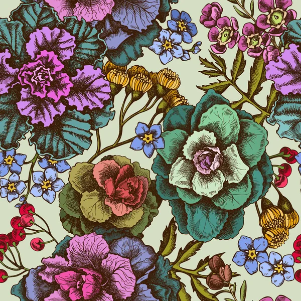 Elle çizilmiş balmumu çiçekli kusursuz desen, beni unutma çiçek, tansi, ardisia, brassica, dekoratif lahana
