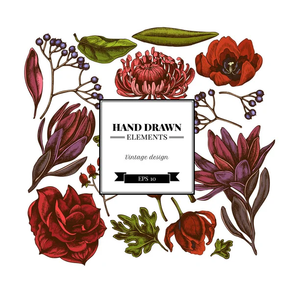Diseño floral cuadrado con viburno de color, hypericum, tulipán, astro, leucadendro, amarilis — Vector de stock