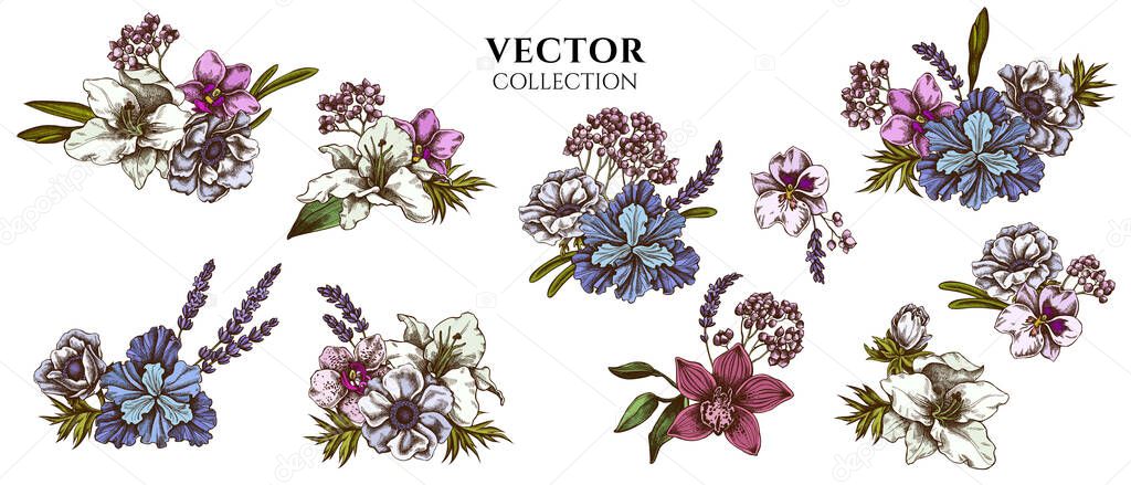 Flower bouquet of colored anemone, lavender, rosemary everlasting, phalaenopsis, lily, iris