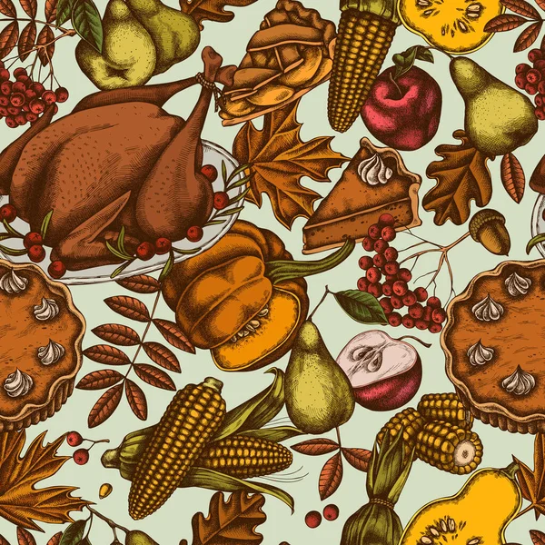 Bezešvé vzor s ručně kreslené barevné dýně, vidlička, nůž, hrušky, krocan, dýňový koláč, jablečný koláč, kukuřice, jablka, jeřáb, javor, dub — Stockový vektor