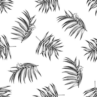 Siyah ve beyaz tropik palmiye yapraklarıyla kusursuz desen
