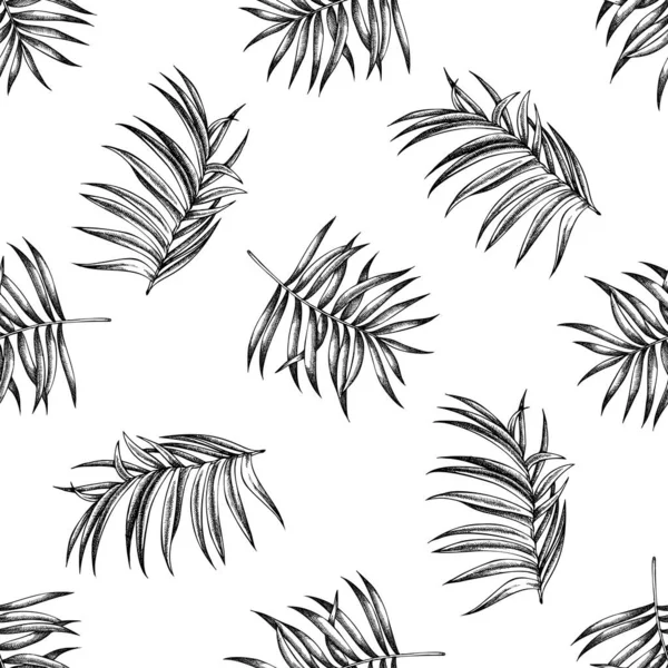 Бесшовный рисунок с черно-белыми тропическими пальмовыми листьями — стоковый вектор