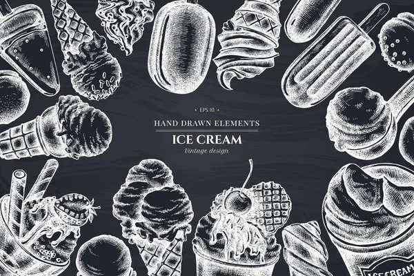Diseño monocromático con cuencos de helado de tiza, cubo de helado, helado de paleta, conos de helado, cucharada de helado, bolas de helado — Archivo Imágenes Vectoriales