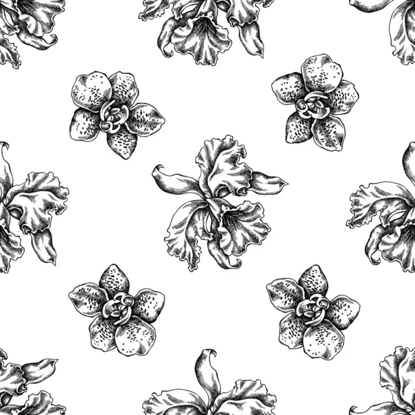 Nahtloses Muster mit schwarzer und weißer Orchidee — Stockvektor