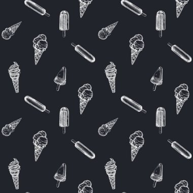 Elle çizilmiş tebeşirsiz desen buzlu dondurma, dondurma külahları.