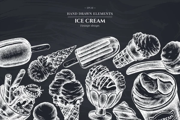 Monochromatický design s křídovou zmrzlinou, kbelíkem na zmrzlinu, nanukovou zmrzlinou, kornouty zmrzliny, naběračkou, zmrzlinovými kuličkami — Stockový vektor
