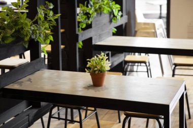 Boş restoran iç masaları ve çocukların yüksek sandalyeleri.