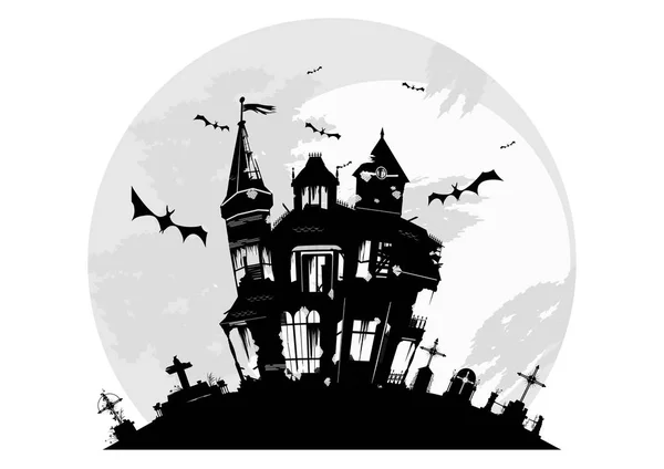 Spooky House Tombstones Full Moon Background Flat Vector — Stock Vector