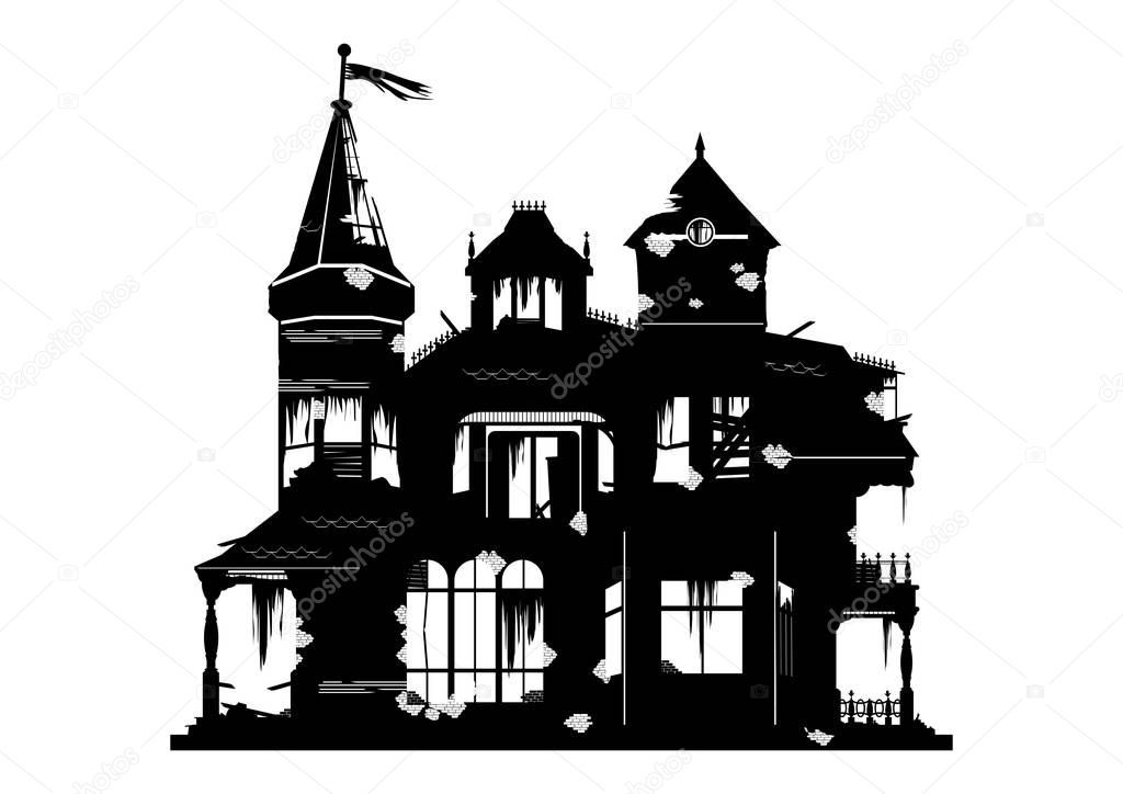 A silhouette of a spooky house on a white background. Flat vector.