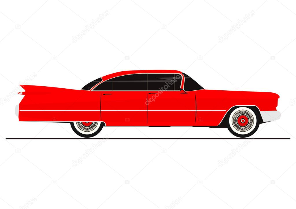 Sticker of vintage car. Side view. Flat vector.