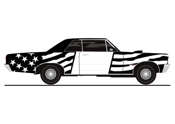 Pegatina Muscle Car Color Bandera Americana Vista Lateral Vector Plano — Vector de stock