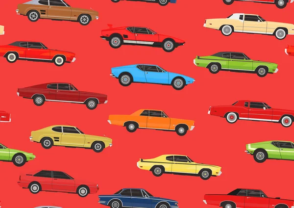 Cartoon Muscle Cars Seamless Pattern Background Flat Vector — Stock Vector