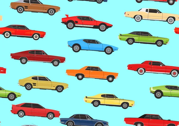 Cartoon Muscle Cars Fond Motif Sans Couture Vecteur Plat — Image vectorielle