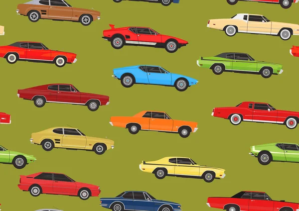 Cartoon Muscle Cars Nahtlose Muster Hintergrund Flacher Vektor — Stockvektor