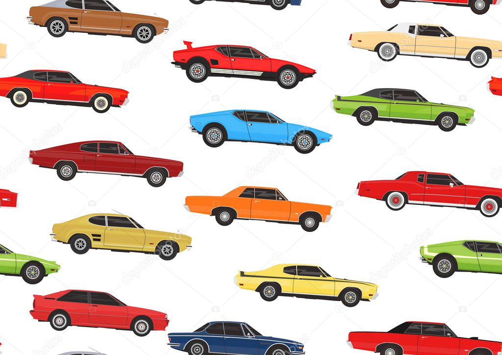 Cartoon muscle cars. Seamless pattern background. Flat vector.