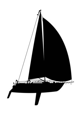 Bir Yelkenli tekne yan görünüm. Bir yat beyaz bir arka plan üzerinde siyah silüeti. Su sporları. Karikatür düz vektör.