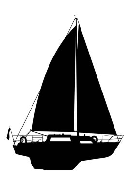 Bir Yelkenli tekne yan görünüm. Bir yat beyaz bir arka plan üzerinde siyah silüeti. Su sporları. Karikatür düz vektör.