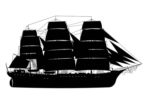 Frigate Sailing Ship Silhouette Fully Rigged Ship White Background Side — Stock Vector