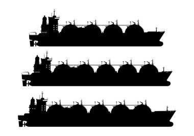 LNG taşıyıcı. Bir tank gemi silueti. Üç tanker kümesi. Yan görünümü. Düz vektör.