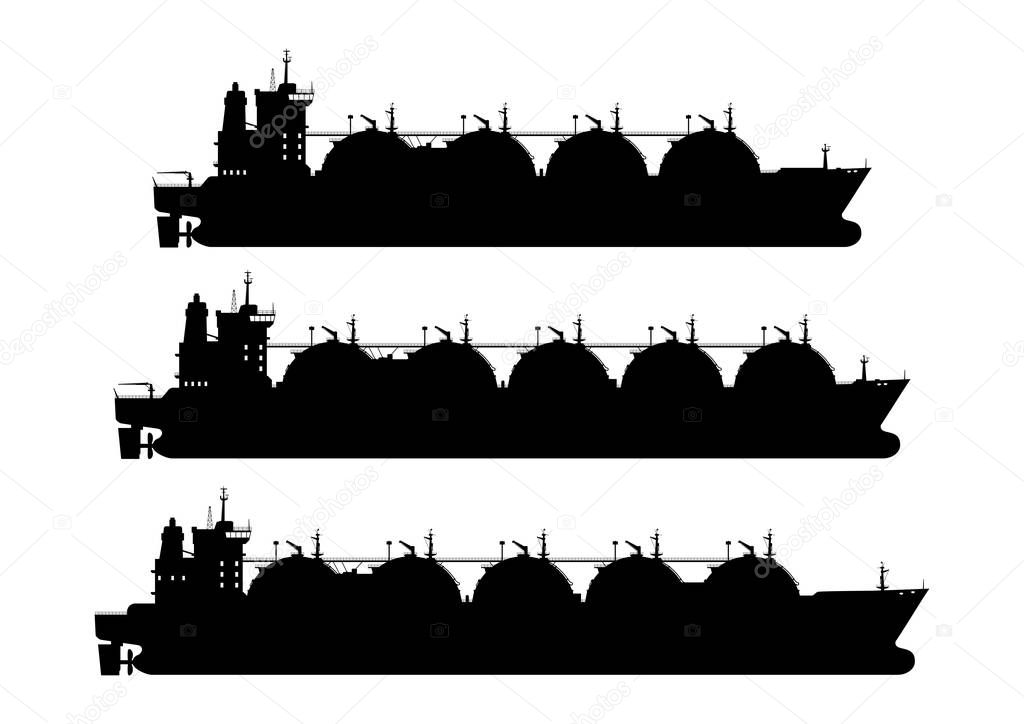 LNG carrier. Silhouette of a tank ship. A set of three tanker. Side view. Flat vector.