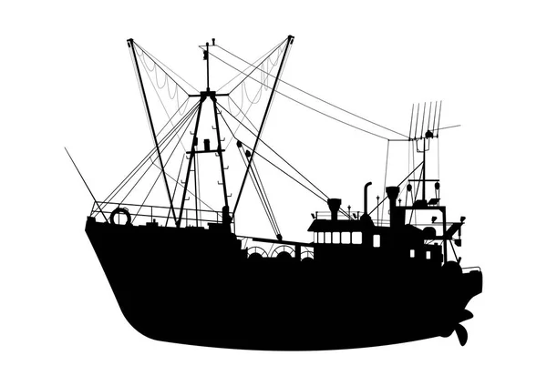 Silhouette Eines Trawlers Fischerboot Auf Weißem Hintergrund Flacher Vektor — Stockvektor