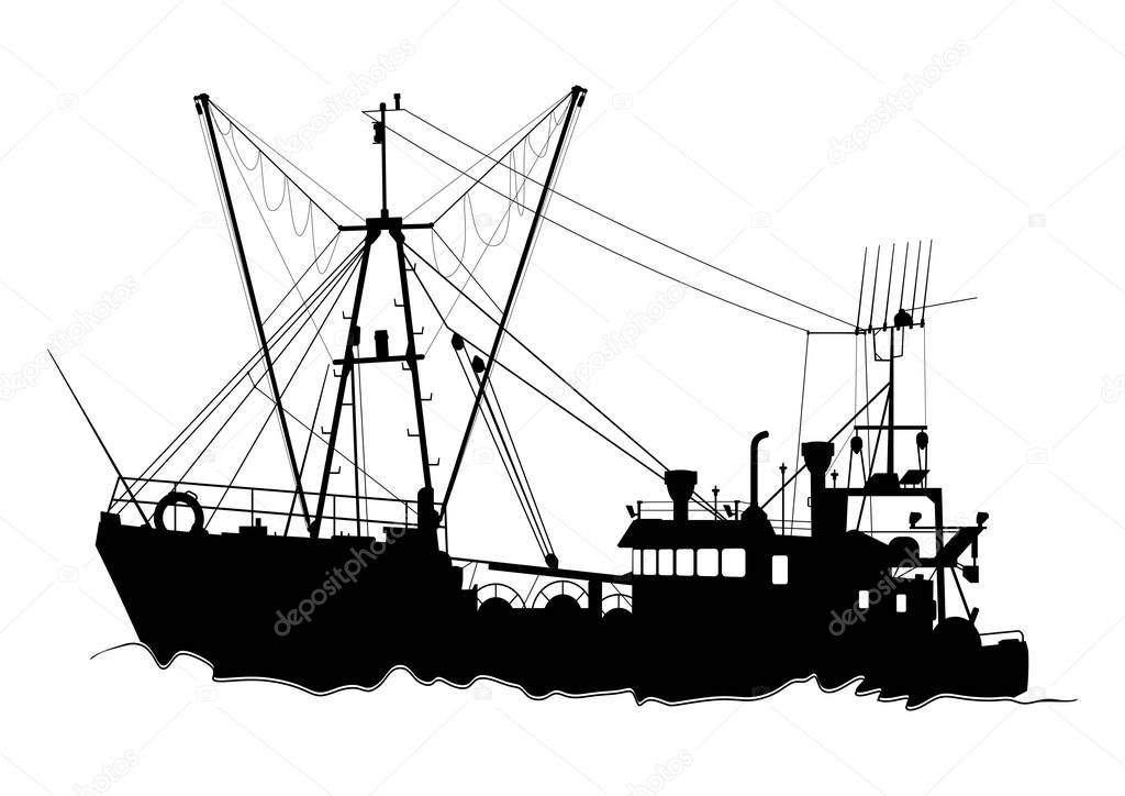 Silhouette of a trawler. Fishing boat on a white background. Flat vector.