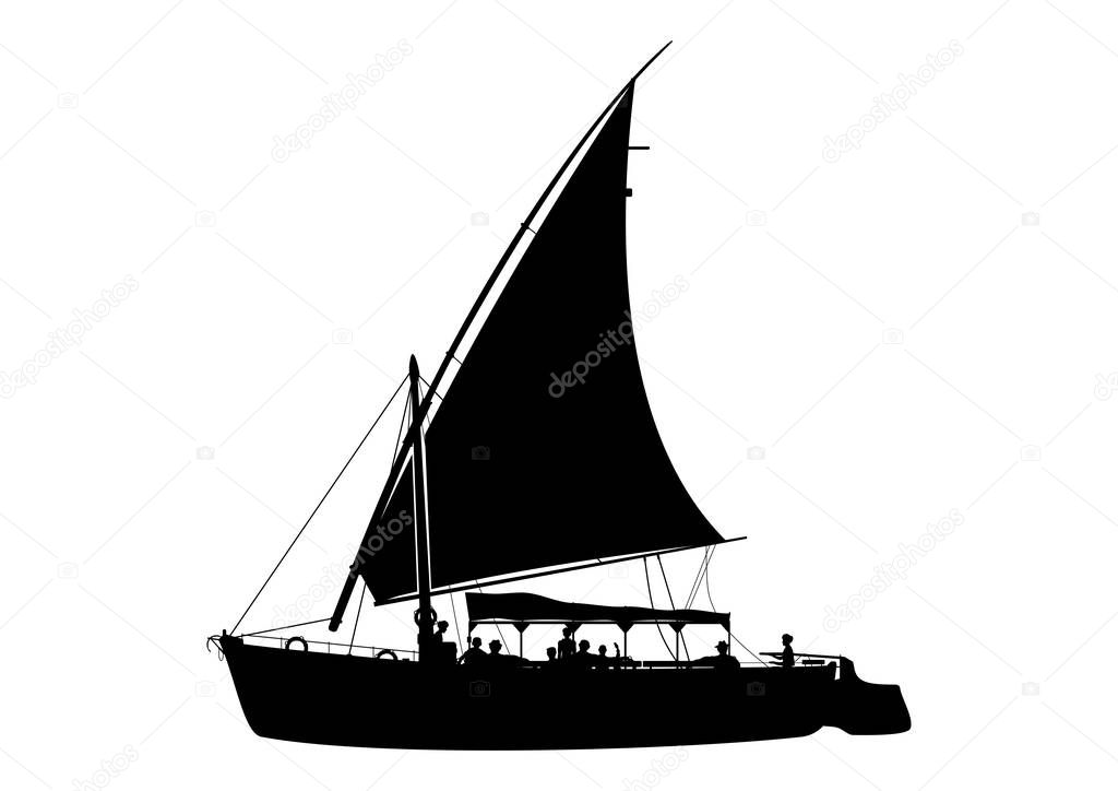 Traditional wooden sailing boat called felucca. Egyptian boat trip. Side view. Flat vector.