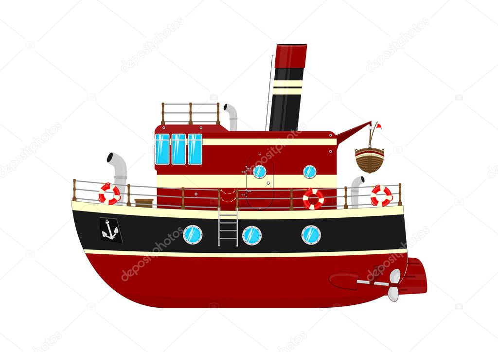 Cartoon ship with a chimney. Retro toy ship. Flat vector design element.