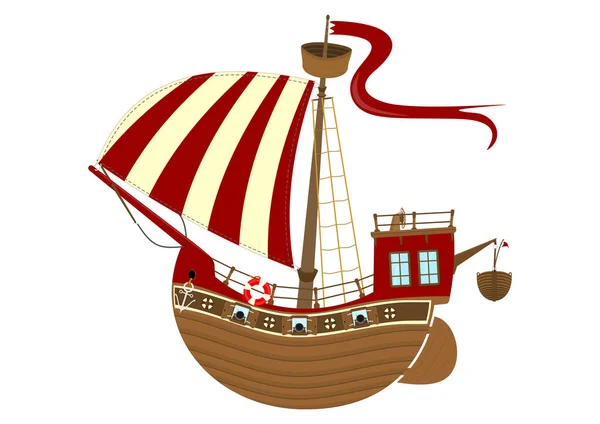 卡通帆船上的白色背景 童话船的侧面视图 平面矢量 — 图库矢量图片