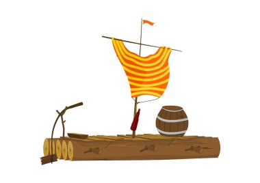 Cartoon raft with a barrel and a sail made of a shirt. Wooden raft. Side view. Flat vector. clipart