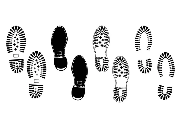 Huellas Siluetas Negras Suelas Zapatos Masculinos Sobre Fondo Blanco Vector — Archivo Imágenes Vectoriales