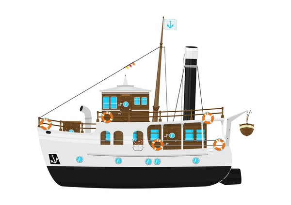 Корабель Мультяшна Старовинна Парова Яхта Димоходом Вид Збоку Плоский Вектор — стоковий вектор
