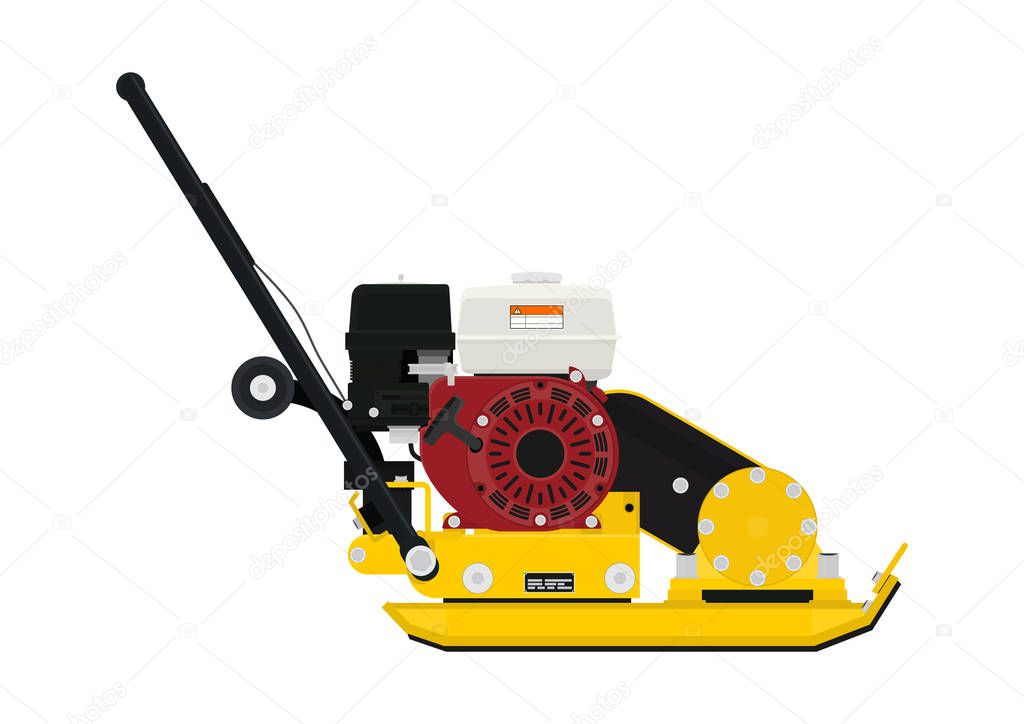 Plate compactor. Side view. Flat vector.