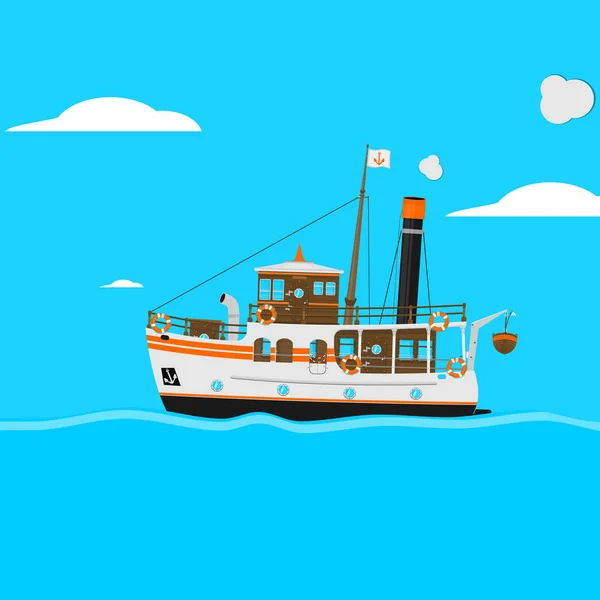 Ρετρό Γελοιογραφία Ατμού Γιοτ Πλοίο Παραμύθι Ένα Τετράγωνο Μπλε Φόντο — Διανυσματικό Αρχείο