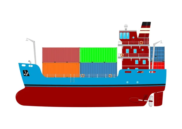 Cartoon Containerschip Moderne Vrachtschip Een Witte Achtergrond Zijaanzicht Platte Vector — Stockvector