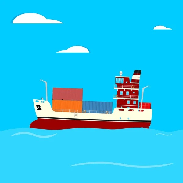 Cartoon Container Ship Blue Square Background Side View Flat Vector — Stock Vector
