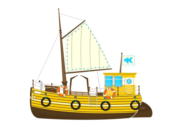 卡通复古渔船的白色背景 侧面视图 平面矢量 — 图库矢量图片