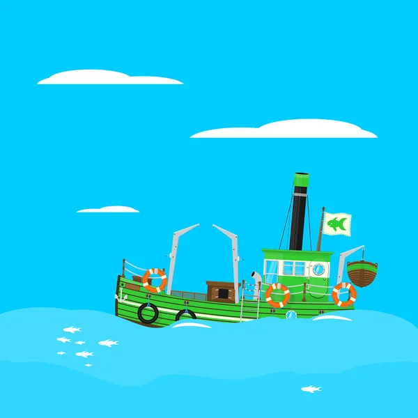 Fishing Boat Cartoon Retro Fishing Boat Blue Square Background Side — Stock Vector