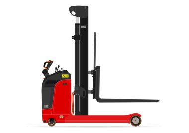 Elektrikli istifleyici forklift beyaz bir arka plan üzerinde ulaşmak. Düz vektör