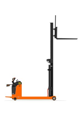 Elektrikli istifleyici forklift beyaz bir arka plan üzerinde ulaşmak. Düz vektör