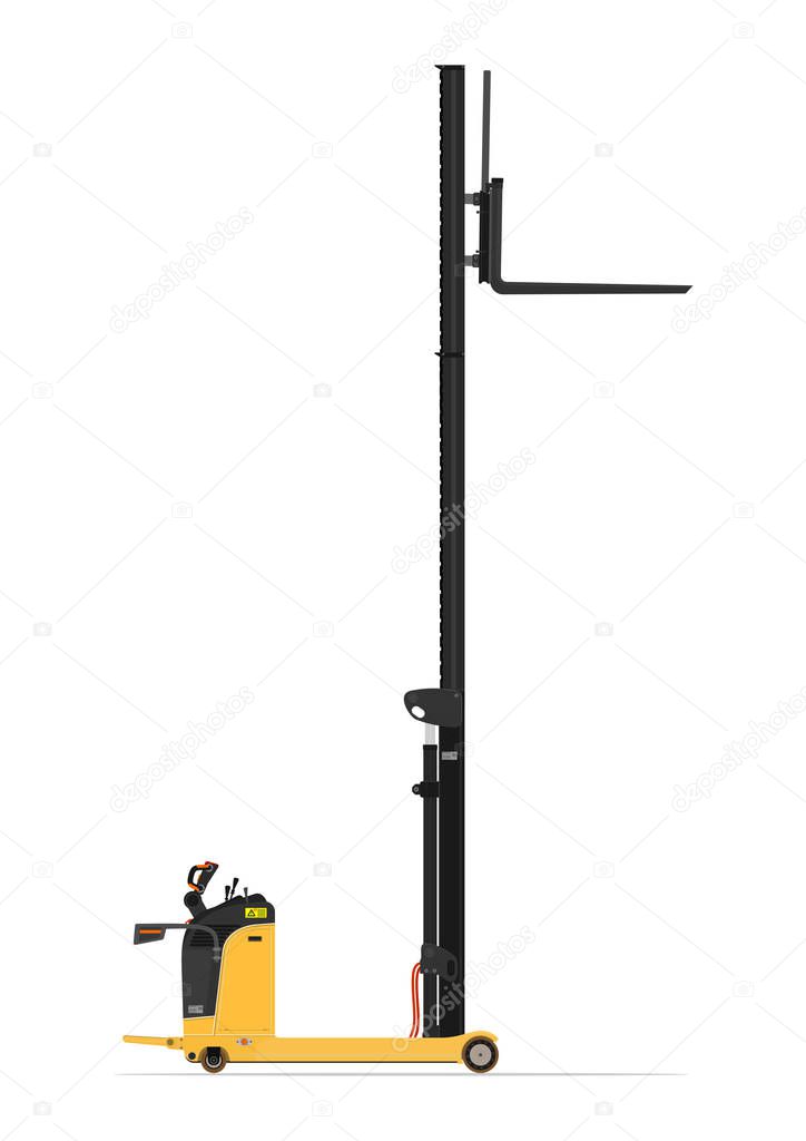 Electric reach stacker forklift on a white background. Flat vector