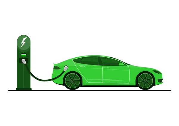 Green Electric Car Charging Station Electric Car Use Side View — Stock Vector