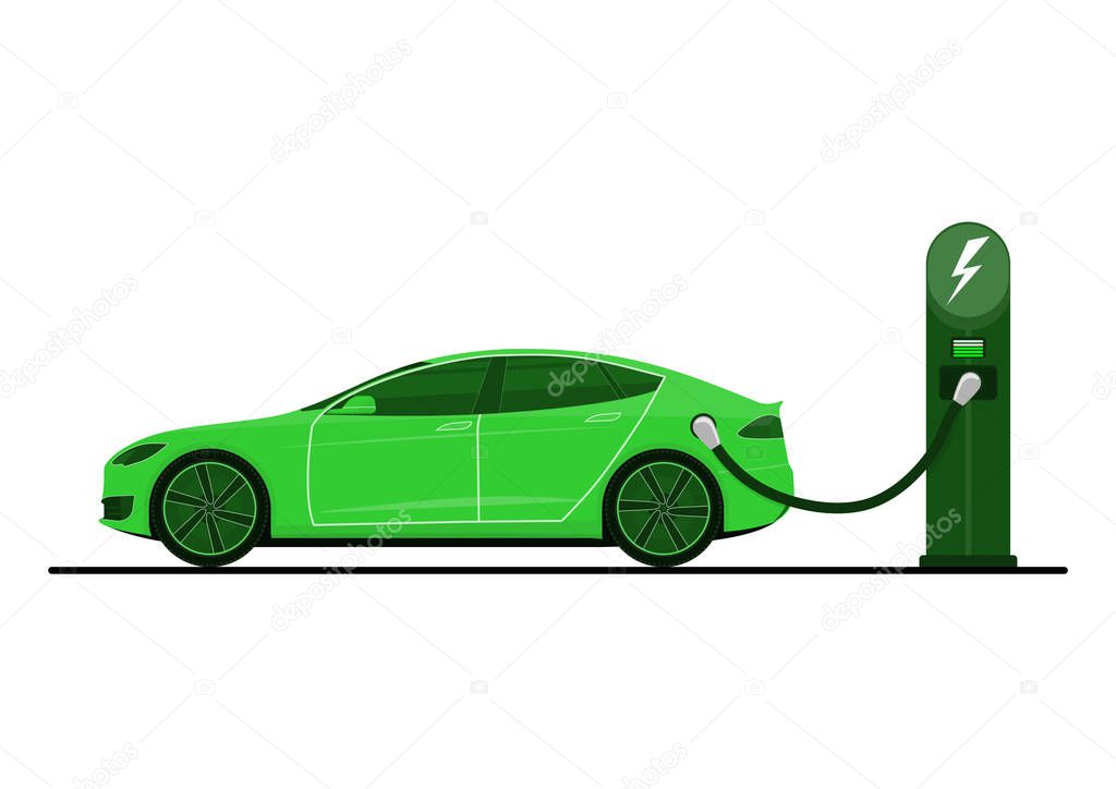 Green electric car on charging station. Electric car in use. Side view. Flat vector.