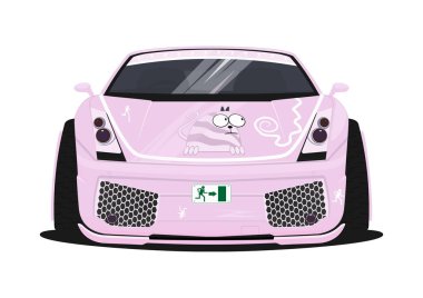 Bir şekilde dekore edilmiş araba karikatür. Japon tarzı pembe bir arabaya itasha aradı. Jingle araba. Önden görünüm. Düz vektör.