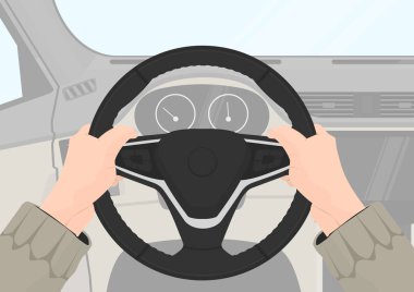 Sürüş güvenliği. Eller direksiyonda doğru konumu. 9 ve 3 pozisyon sürüş. Düz vektör.