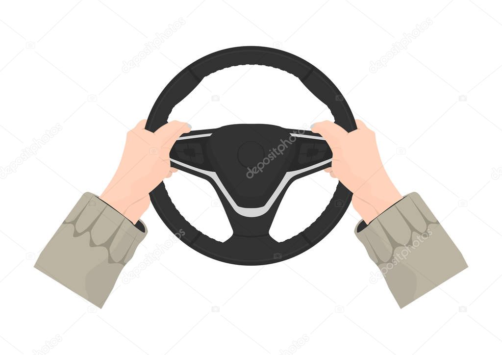 Driving safety. The right position of the hands on the steering wheel. 9 and 3 driving position. Flat vector.